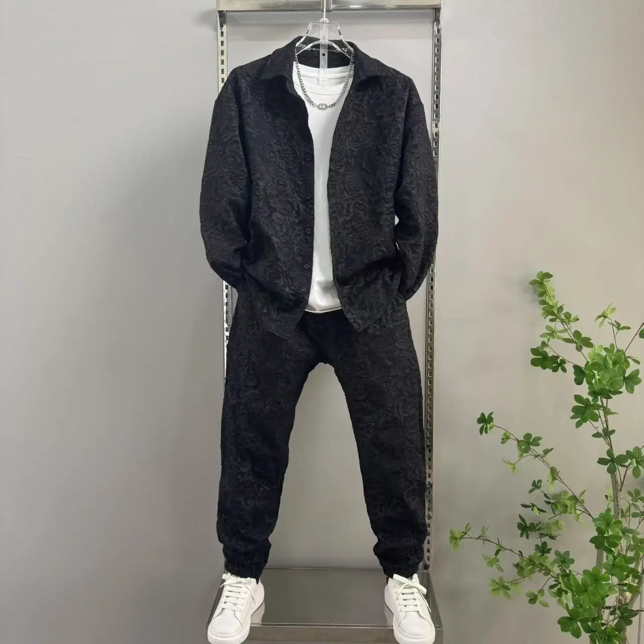 New Men's casual fashion two-piece pants set, sporty lapel jacquard shirt, long-sleeved spring and autumn set