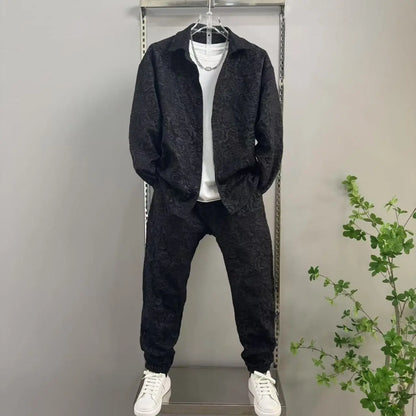 New Men's casual fashion two-piece pants set, sporty lapel jacquard shirt, long-sleeved spring and autumn set