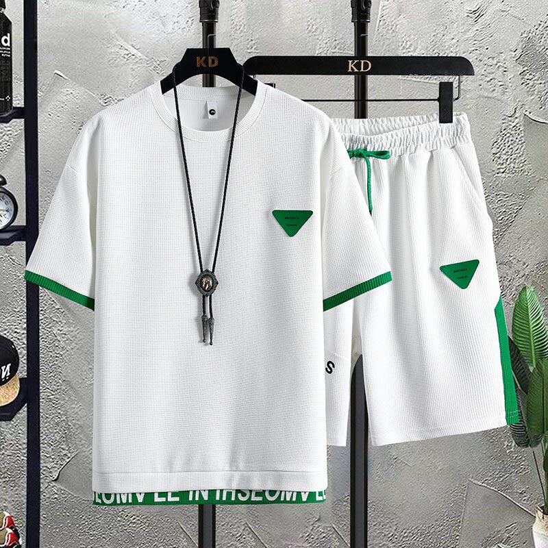 Summer 2 Pieces Set White Tracksuit Men&#39;s Fake Two Tshirt Shorts Harajuku Streetwear Oversized Men Sets Short Outfits Suits 2022