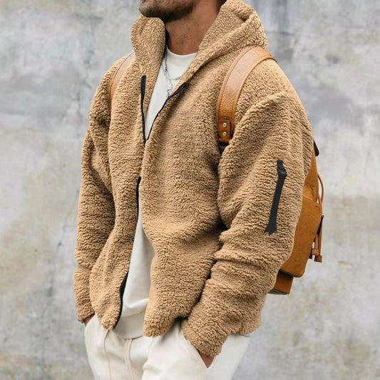 Mens Two-sided Suede Fleece Work Jacket Warm Thermal Winter Hooded Coat Solid Color Outwear Windbreaker