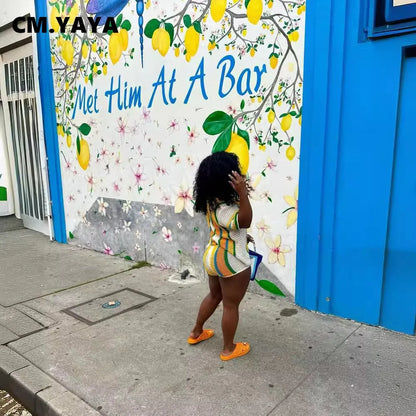 CM.YAYA Women's Set Striped Knitted Short Sleeve Button Shirt and Shorts  Summer Two 2 Piece Set Outfit Ribbed Tracksuit