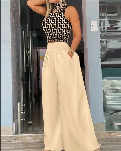 Women Two Piece Pant Sets Sleeveless Turtleneck Tops Pockets Wide Leg Pants High Waist Trousers Suit Elegant Office Ladies