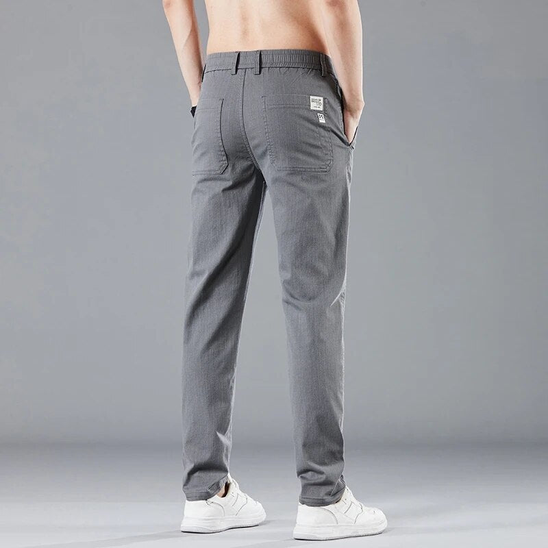 Spring Summer Elastic Waist Design Men&#39;s Thin Casual Pants Korean Fashion Cotton Stretch Business Trousers Male Grey Blue