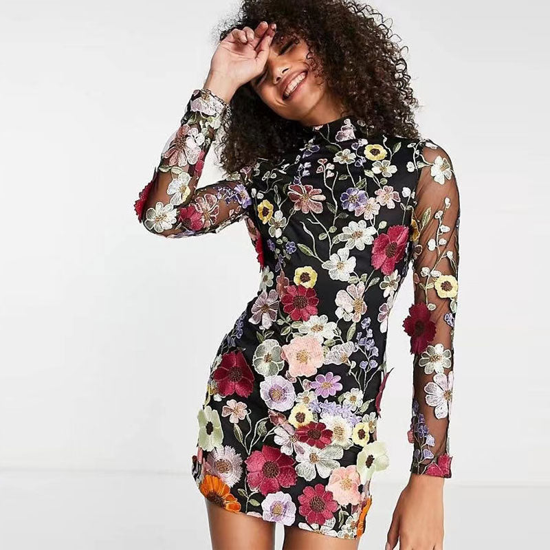 Floral Embroidery Long Sleeve Dresses 2023 Spring Evening Party Lady Vestido Elegant Luxury Women Mini Dress Half High Collar