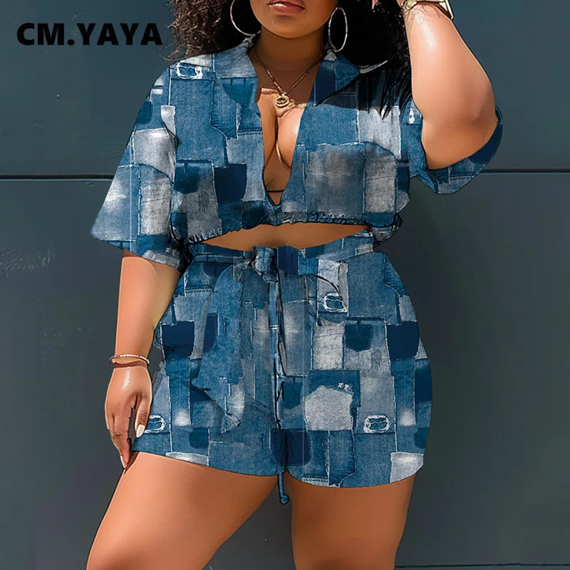 CM.YAYA 2024 Summer Women’s Sets Short Sleeve Printed Shirt + Shorts Suits Casual Loose Plus Size Night Club 2 Two-Piece Sets