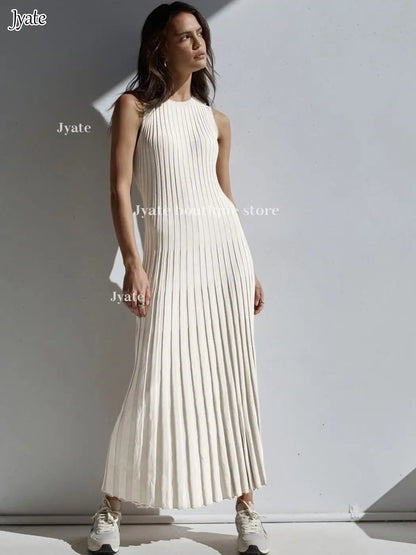 Sleeveless Pleat Knit Dress Round Neck A-line Pit Strip Slim Long Dress Sundress Solid Color Casual Women Summer Dresses