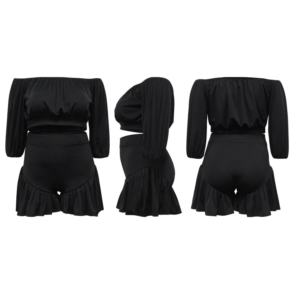 CM.YAYA Plus Size Women's Set Long Sleeve Slash Neck T-Shirt and Shorts  Summer Ruched Two 2 Piece Set Outfits Tracksuit