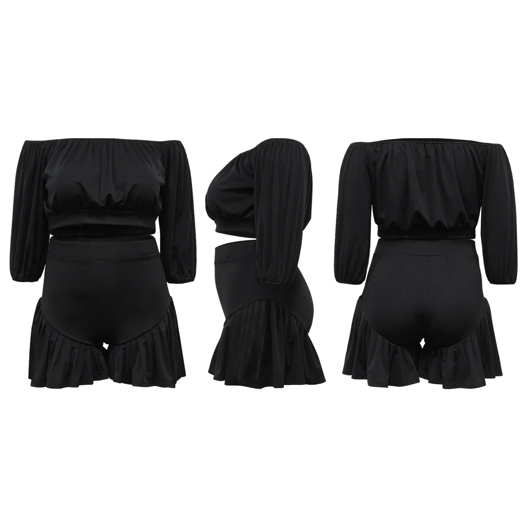 CM.YAYA Plus Size Women's Set Long Sleeve Slash Neck T-Shirt and Shorts  Summer Ruched Two 2 Piece Set Outfits Tracksuit