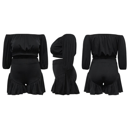 CM.YAYA Plus Size Women's Set Long Sleeve Slash Neck T-Shirt and Shorts  Summer Ruched Two 2 Piece Set Outfits Tracksuit