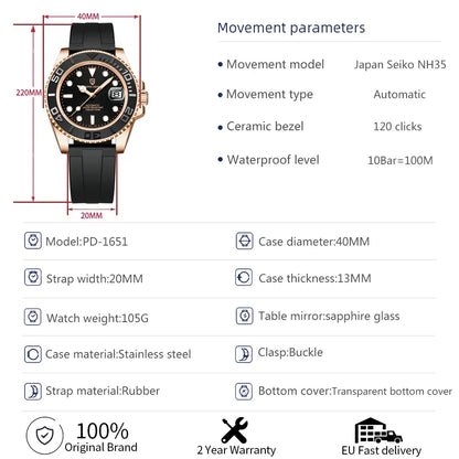 PAGANI DESIGN New Luxury Men Mechanical Wristwatch Stainless Steel Sapphire Automatic Watch 100M Waterproof  Clock