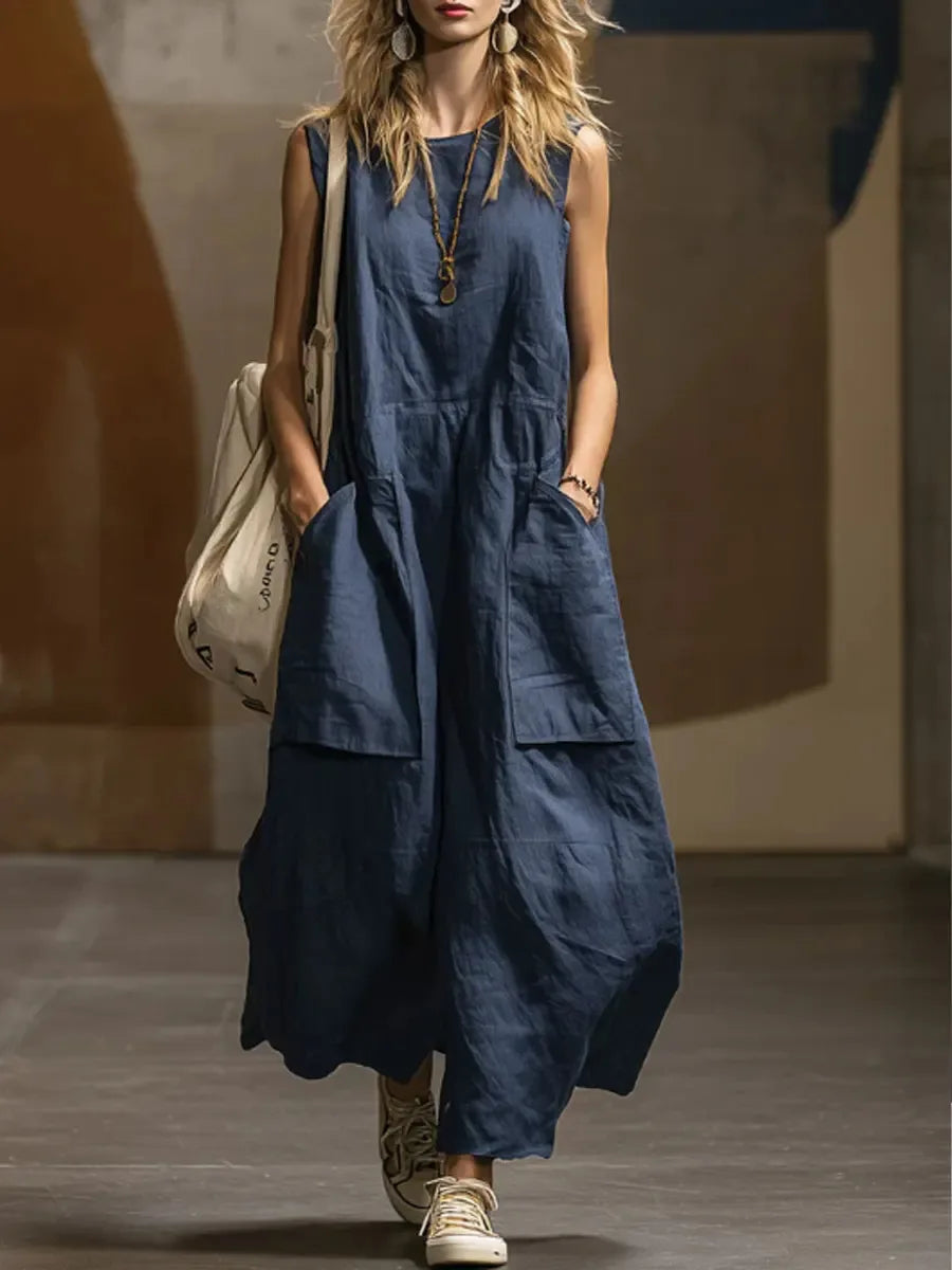 2026 Summer Loose And Simple Sleeveless Cotton And Linen Women's Dress New Fashion Casual Pocket Female Holiday Long Dresses