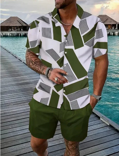 Comfortable Coconut trees leaves color blocking 3D Print shirt +Shorts Two Piece Set Short Sleeve Flip collar shirts half pants