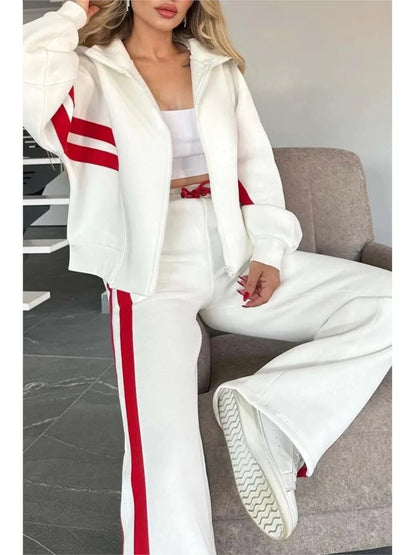 Autumn Winter Women's New Hoodie Suit Y2K Striped Zipper Loose Fit Jacket Outwear And High Waist Side-striped Pants Sports Sets