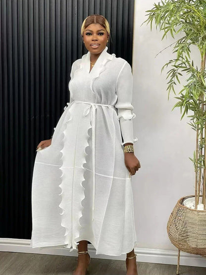 EGRM Miyake Pleated Maxi Long Dress Solid Ruffles Full Sleeve with Belt Formal Dresses for Women  Summer New Hot Sales 8R295