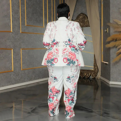 CM.YAYA Plus Size Women's Set Long Sleeve Floral Print Blazer +Wide Leg Pants Suit  Fall Two 2 Piece Set Outfits Tracksuit