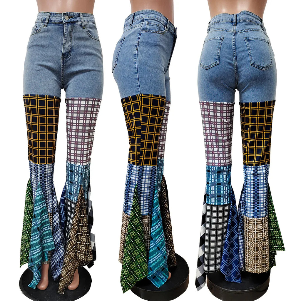 Women Jeans  Summer Fashion Spliced Houndstooth Denim Ruffle Edge Flared High Waist Jeans Pants Female Trousers Streetwear