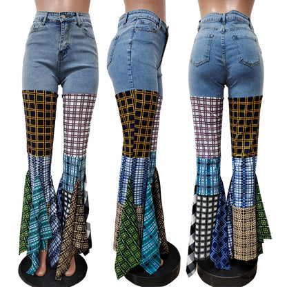 Women Jeans  Summer Fashion Spliced Houndstooth Denim Ruffle Edge Flared High Waist Jeans Pants Female Trousers Streetwear
