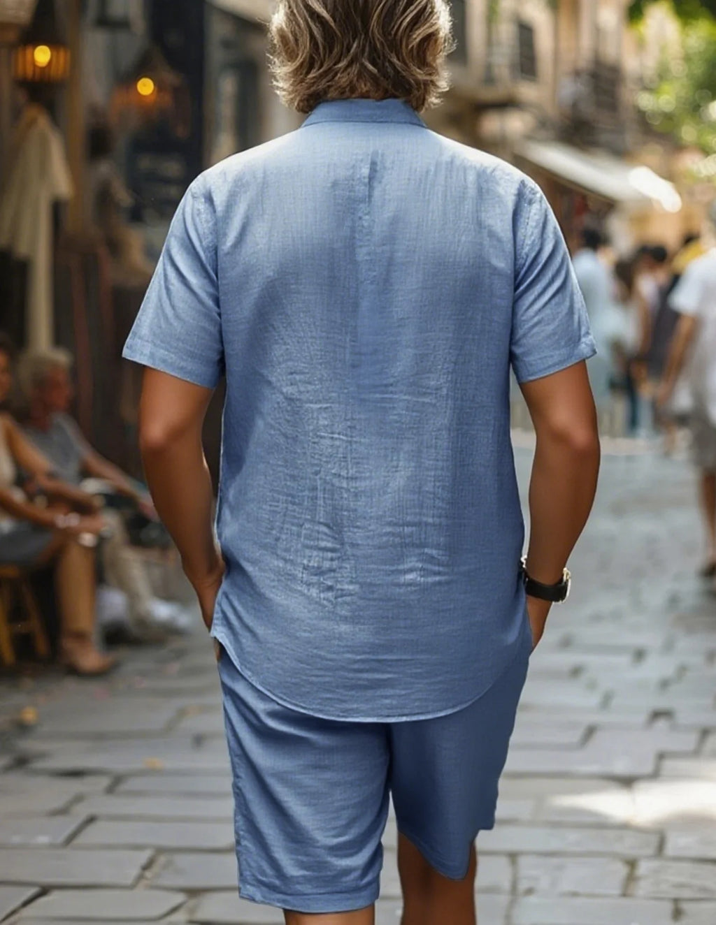 Men's Cotton100 Shirt & Shorts Set Short Sleeve Light Blue Loose Fit Casual Summer Beach Vacation Daily Two-Piece Outfit
