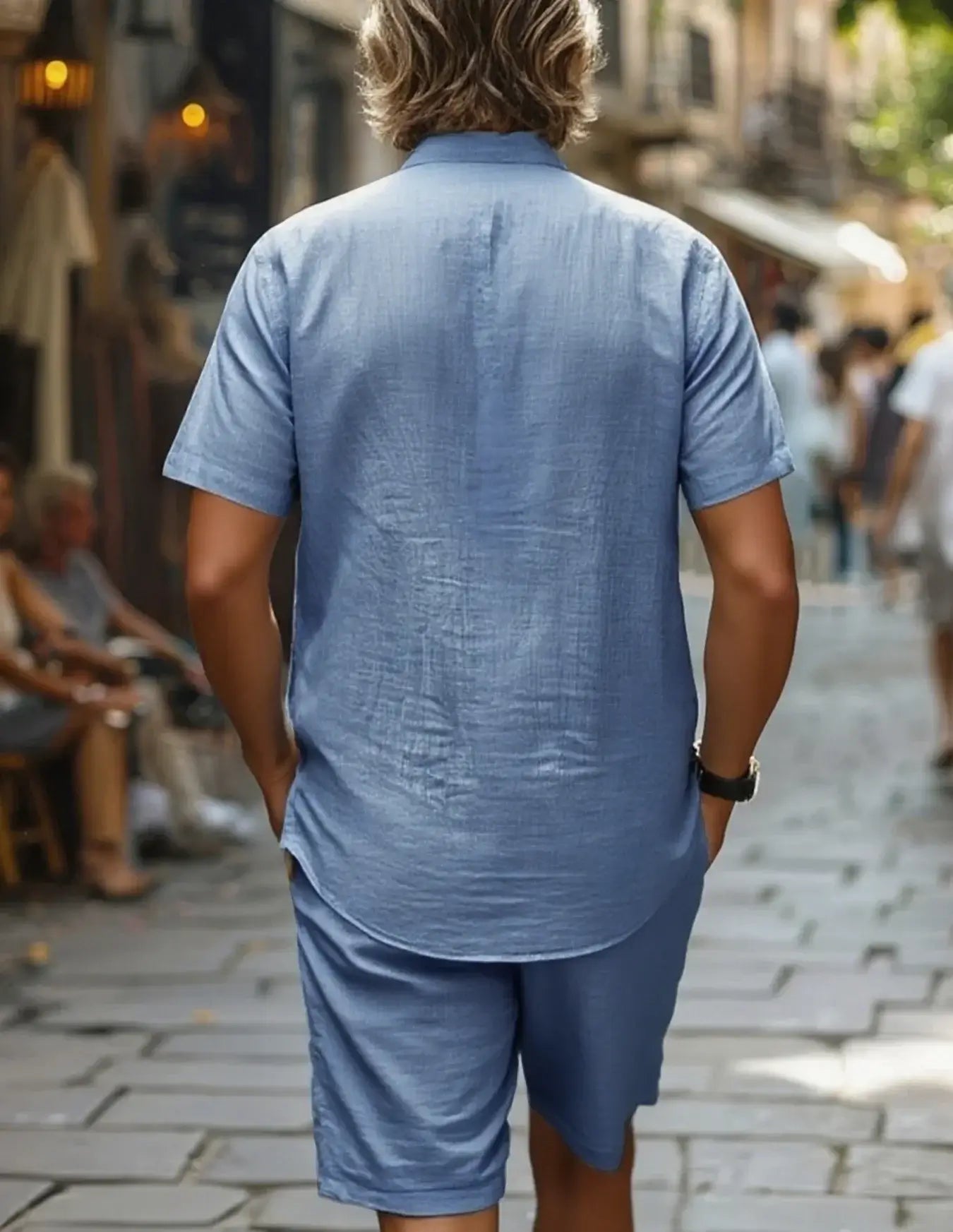 Herren-Set aus 100 % Baumwolle, Hemd und Shorts, Kurzarm, Hellblau, lockere Passform, lässig, Sommer, Strandurlaub, Alltag, Zweiteiler