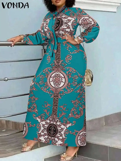 VONDA Maxi Dress  Summer Women Bohemian Printed Party Sundress Long Sleeve Stand Collar Casual Robe Holiday Vestidos Belted