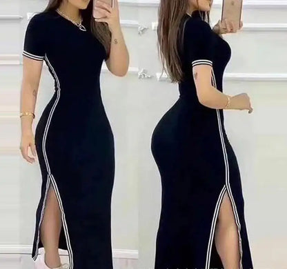 Womens Dresses  Summer Fashion Striped Rose Print Side Slit Casual O-Neck Short Sleeve Skinny Daily A Line Long Dress