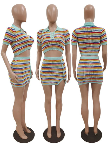CM.YAYA Rainbow Stripe Knit Ribbed Women's Set Short Sleeve Button Shirt and Shorts  Summer Two 2 Piece Set Outfit Tracksuit