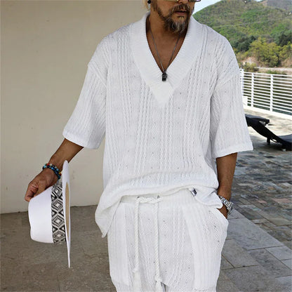 Summer Casual Shorts Set Knitted Two Piece Men's Clothing V-Neck Short Sleeve T-shirt and Shorts Streetwear Knit Outfits