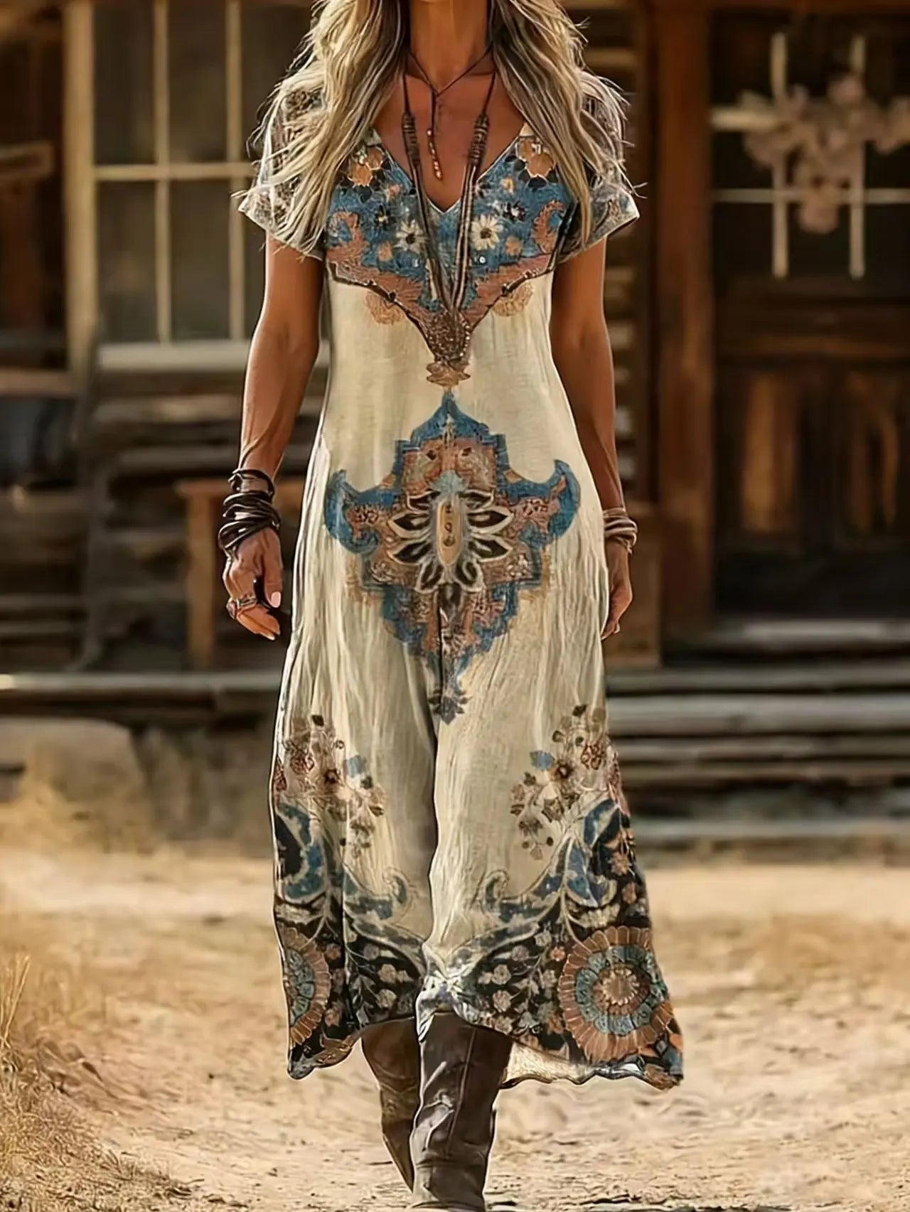 Plus Size Sommer Neuheit Retro Ethno Batik Kleid V-Ausschnitt Kurzarm Locker Boho Urlaub Maxirock