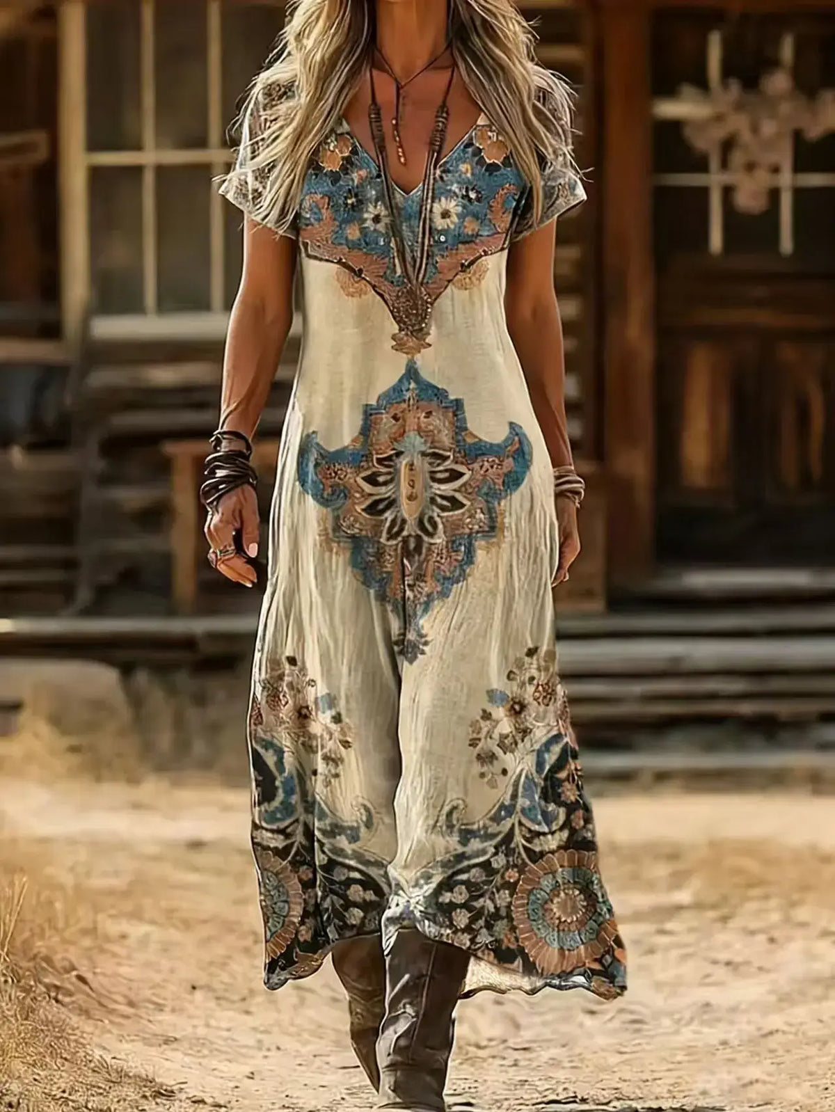Plus Size Sommer Neuheit Retro Ethno Batik Kleid V-Ausschnitt Kurzarm Locker Boho Urlaub Maxirock