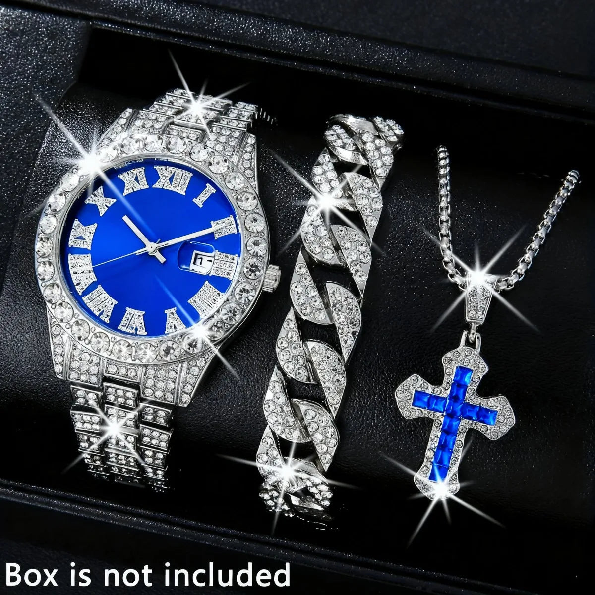 3PCS Luxury Full Diamond Men Watch Bracelet Necklace Set Fashion Hip Pop Men's Calendar Quartz Watches Reloj Mujer?Without Box?