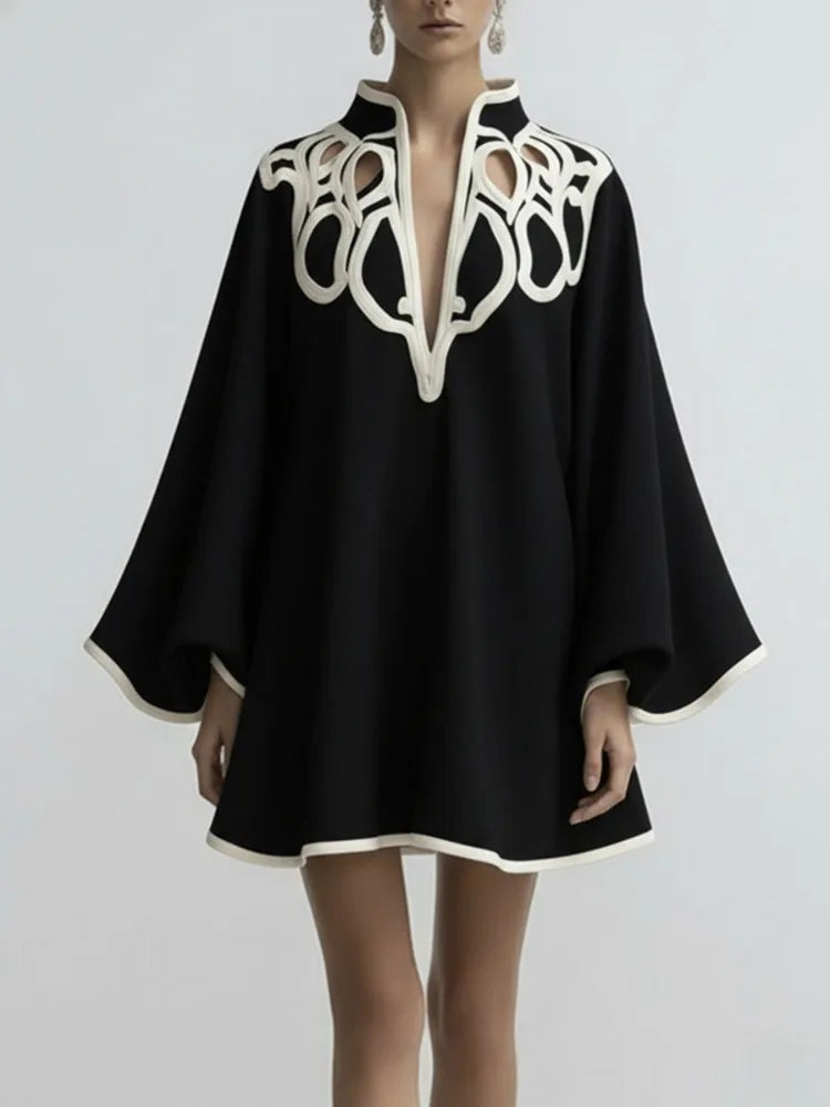 Freeacy Women's Hollowed Stand Collar Loose Mini Dress 2026 Spring New Contrast Color Long Sleeves Vacation Party Dresses