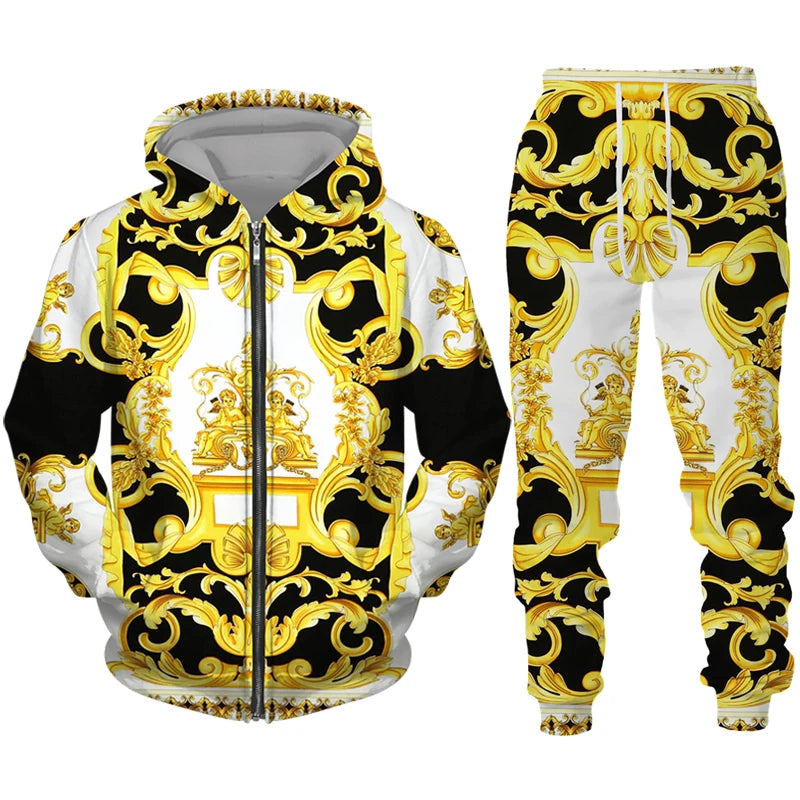 Luxury Golden Pattern 3D Print Men's Zipper Tracksuit Set Casual Hoodie+Pants 2pcs Sets Oversized Sweatshirt Fashion Men Clothes