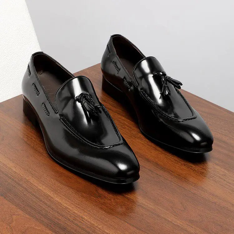 British Style Genuine Leather Men Loafers Breathable Tassel Slip On Dress Shoes Shiny Business Casual Leather Shoes For Summer