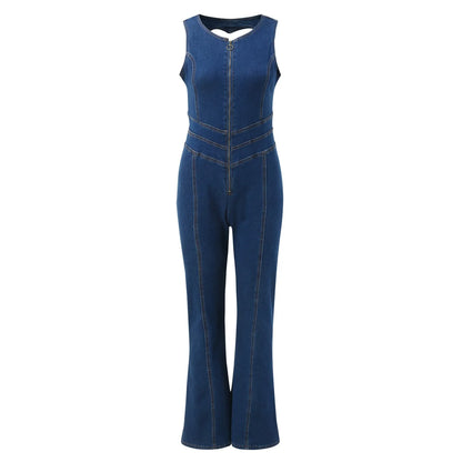 Women Fashion Sleeveless Denim Jumpsuit Zipper Playsuits High Waist Back Heart Pattern Jumpsuit For Women  Summer Streetwear