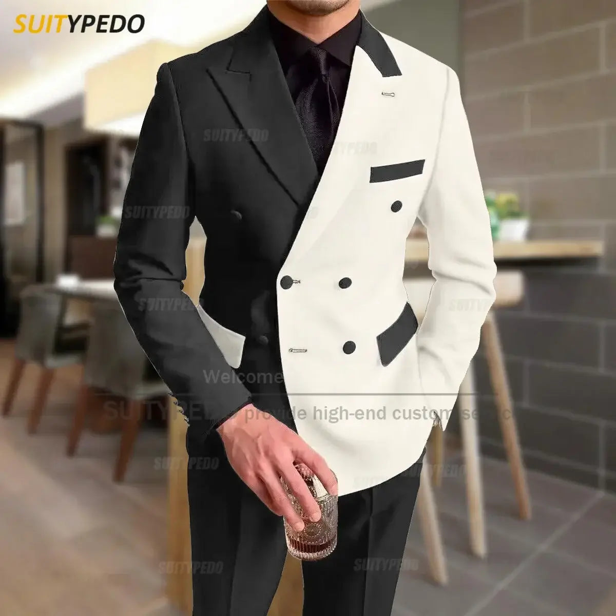 Mode Schwarz-Elfenbein-Spleiß Herrenanzug Lässige Party Klassische Zweireiher Jacke Abendessen Eleganter Blazer Hosen Outfits