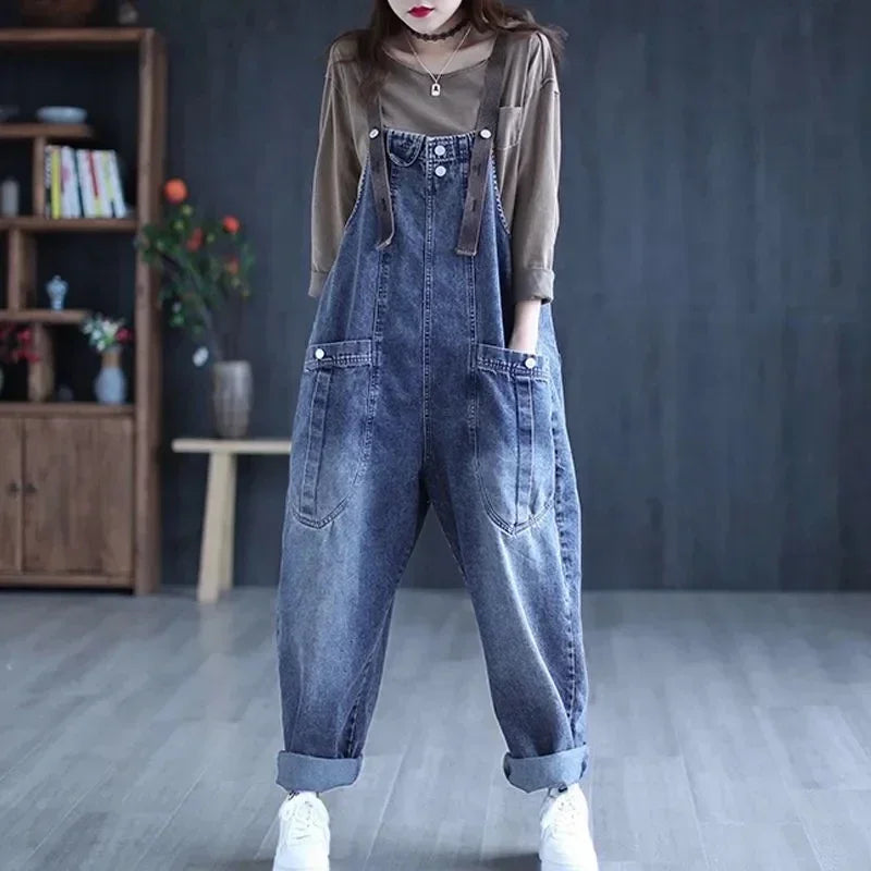 Jumpsuit Women Jeans Rompers New Retro Big Pocket Loose Denim Overalls Fashion Large Size Wide-leg Pants Drop Shipping