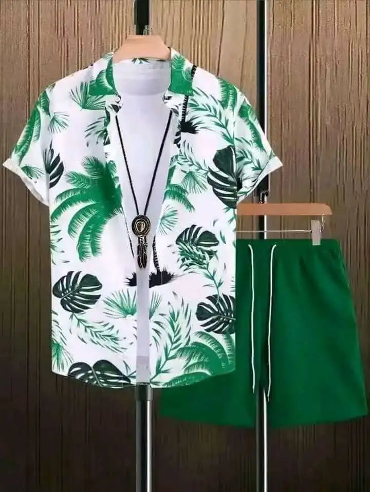 Comfortable Coconut trees leaves color blocking 3D Print shirt +Shorts Two Piece Set Short Sleeve Flip collar shirts half pants