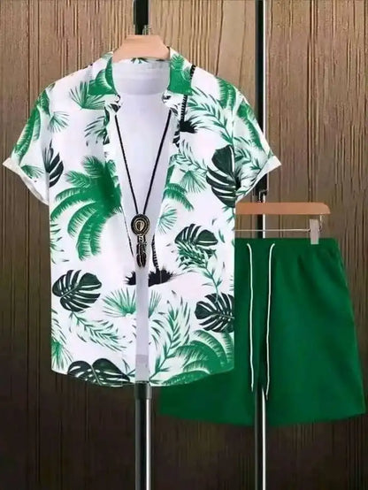 Comfortable Coconut trees leaves color blocking 3D Print shirt +Shorts Two Piece Set Short Sleeve Flip collar shirts half pants