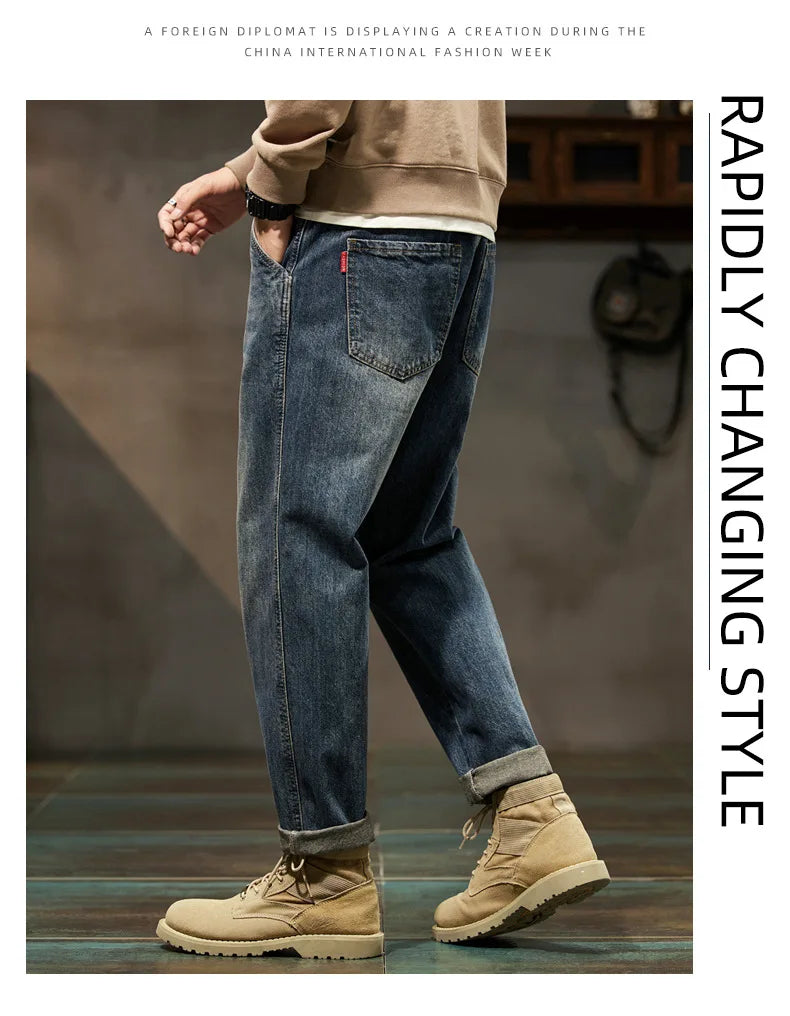 Autumn Winter New Vintage Loose Casual Straight Jeans Men Trend Fashion Harem Denim Pants All-match Trousers Y2K Male Clothes