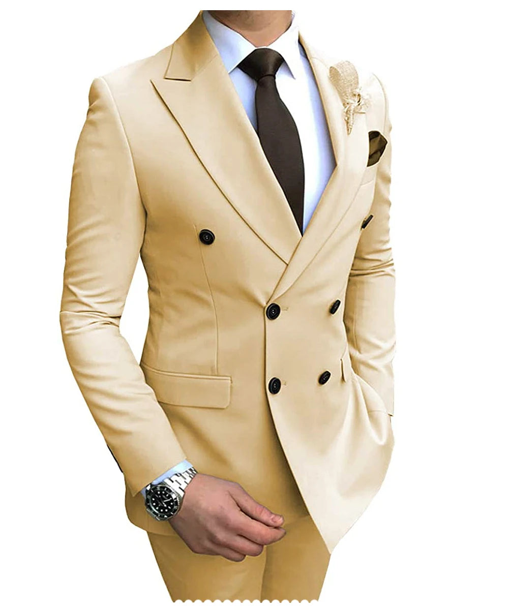 New Beige Men's Suit 2 Pieces Double Breasted Notch Lapel Flat Slim Fit Casual Tuxedos For Wedding(Blazer+Pants)