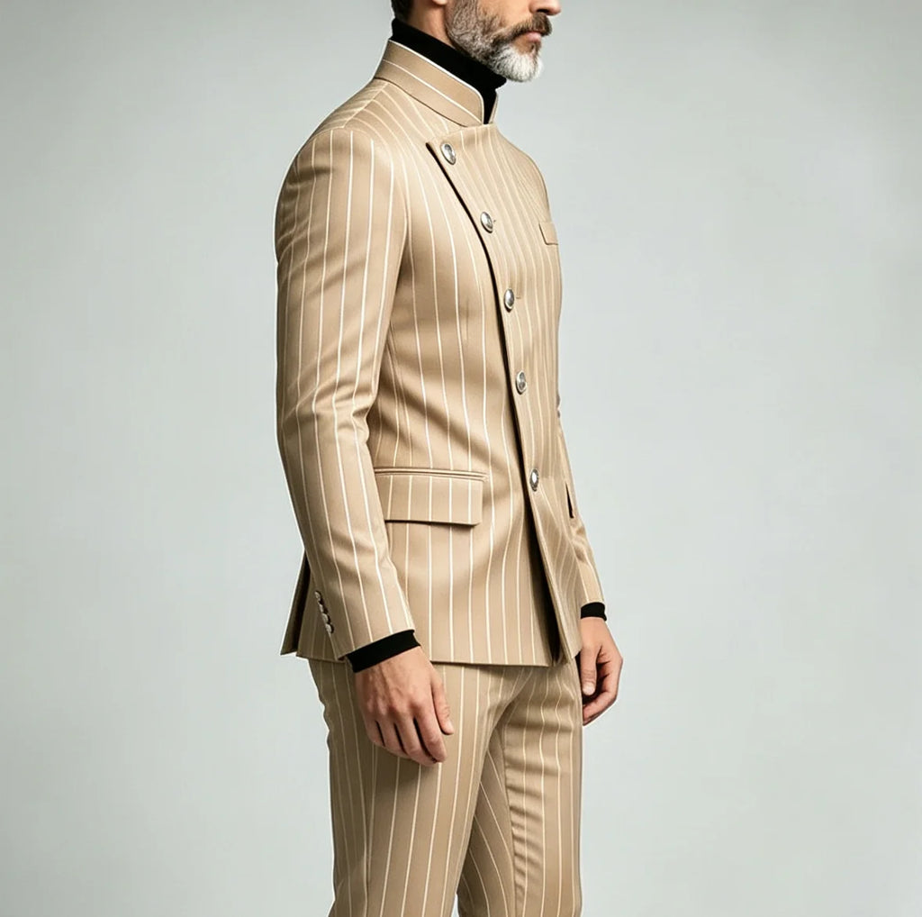 Men's Pinstripe Business Suits Single Breasted Stand Collar Slim Fit Suit Jacket Pants 2 Pieces Formal Tuxedo for Wedding Party