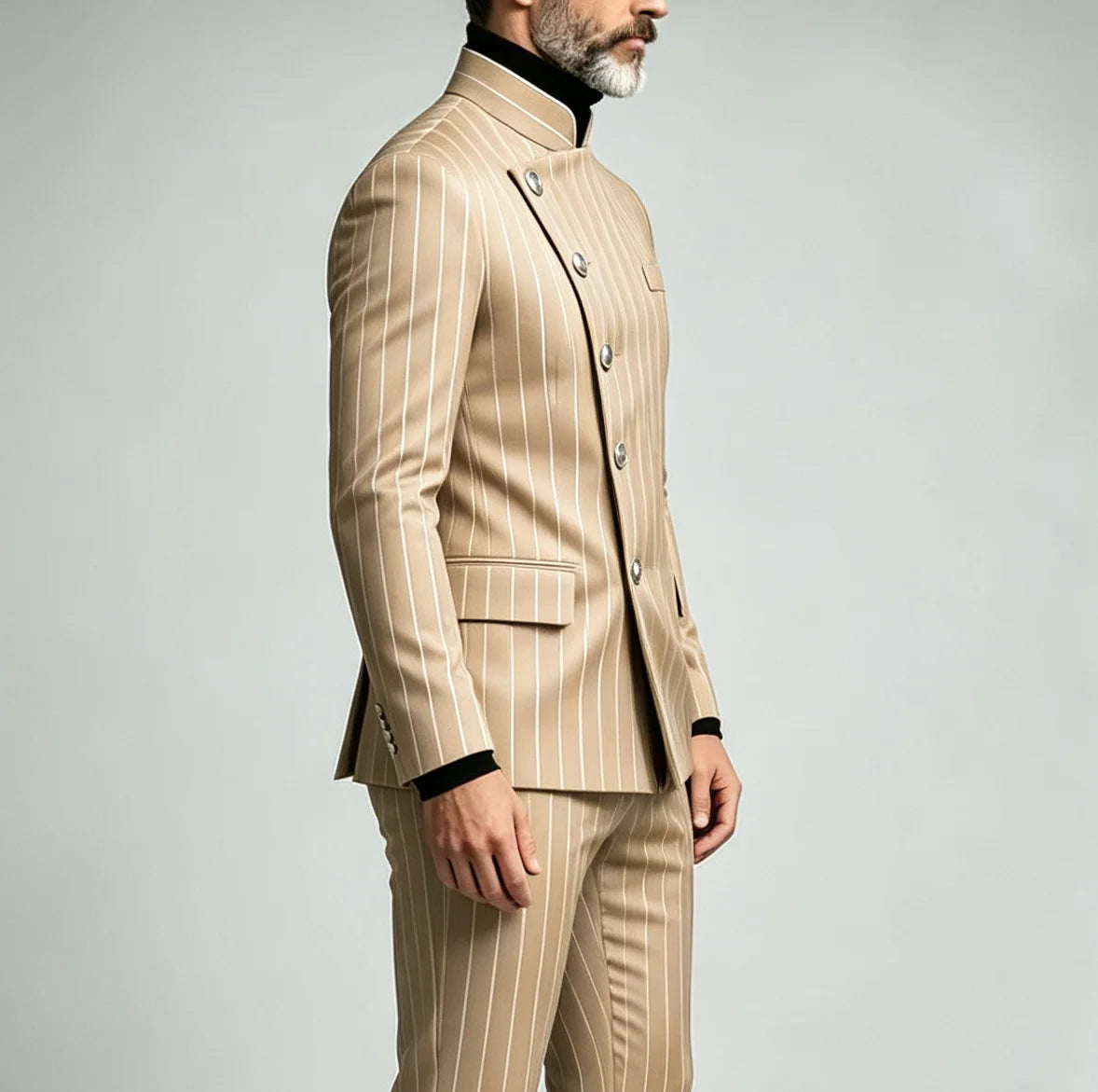 Herren Nadelstreifen Business Anzüge Einreihiger Stehkragen Slim Fit Anzug Jacke Hose 2-teiliger festlicher Smoking für Hochzeitsfeier