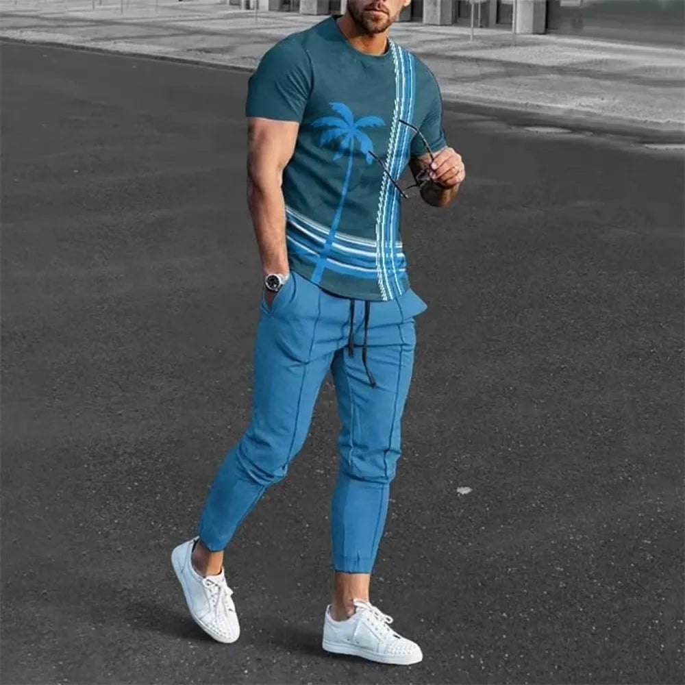 New Men's Comfortable Breathable Short Sleeve Round Neck T-shirt Pants Set 3D Printed Latest Retro Outdoor Leisure Set