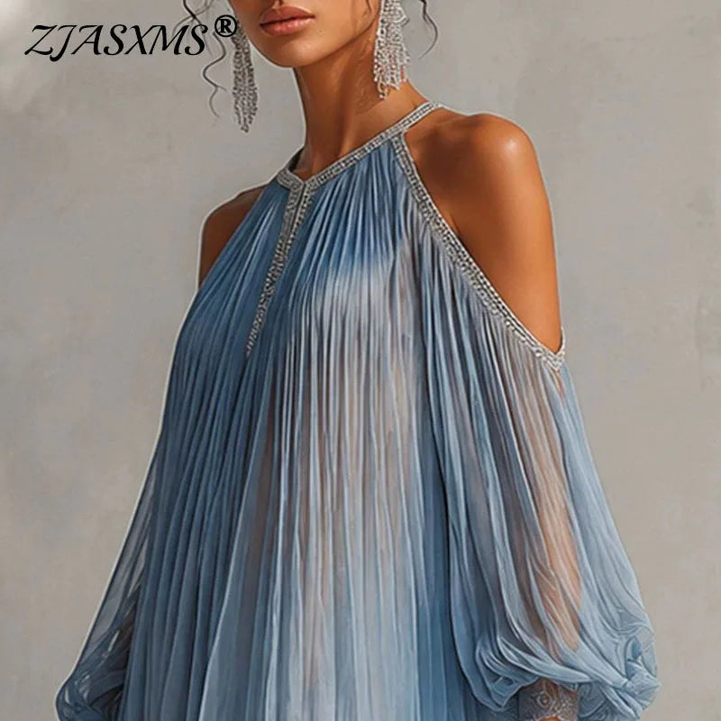 Elegant Trim Sheer Halter Mini Dress Off Shoulder Lantern Sleeve Pleated Mesh Ruffle Loose Short Dress Resort Guest Prom Dresses
