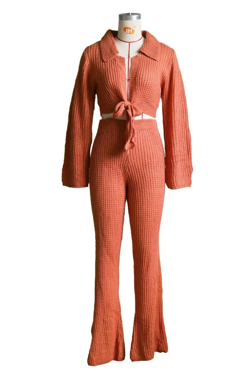 Solid Hollow Out Knitted Two Piece Set Women Long Sleeve Lace Up Cardigan Crop Tops High Waist Flare Pants Stretch Casual Suits