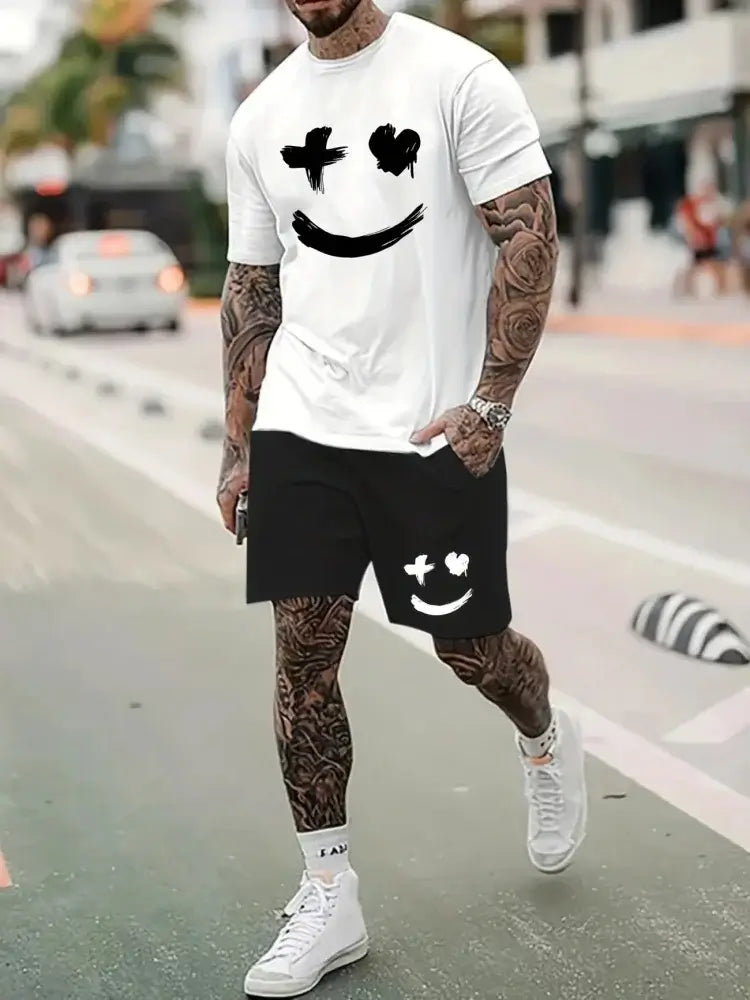 Herren Sommer Kurzarm-Set Hip-Hop Cartoon Bären-Print Kurzarm-Oberteil Shorts Lässiger Zweiteiler Outdoor Urban Street Fashion