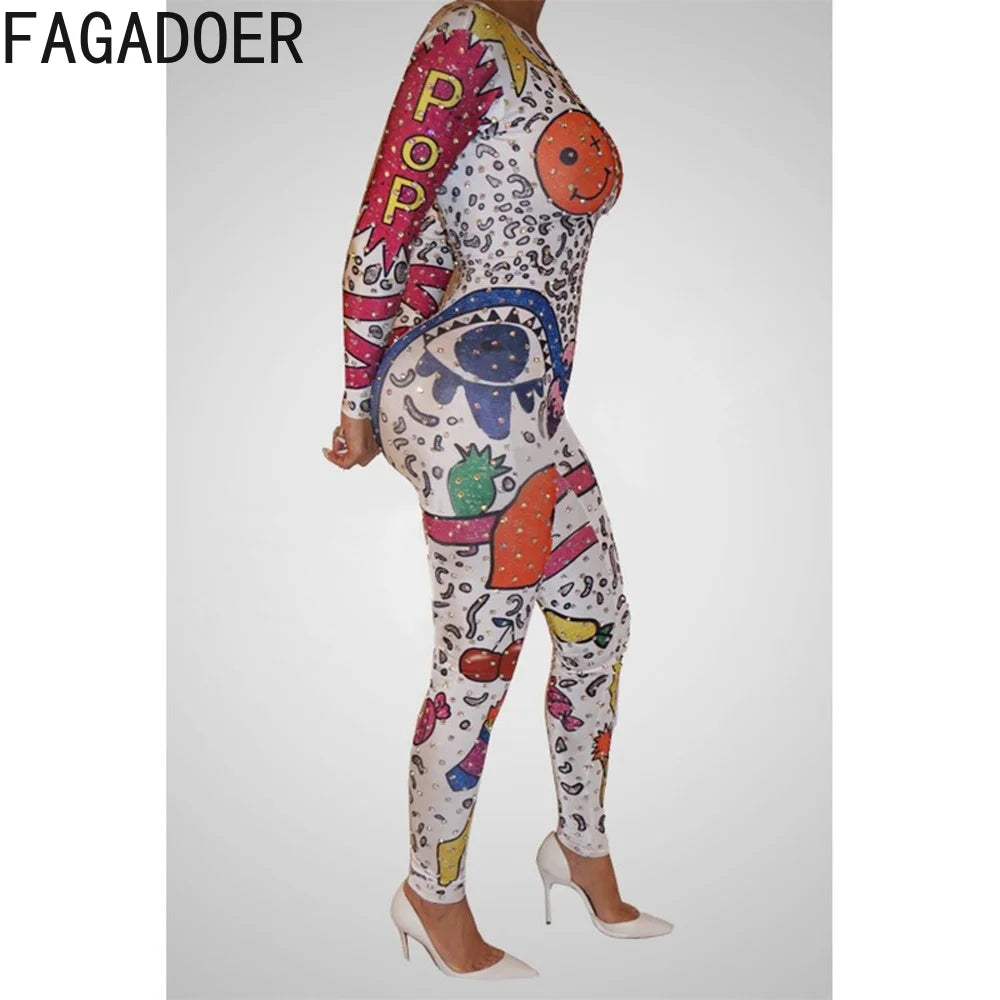 FAGADOER Fashion Graffiti Print Jumpsuits Women Round Neck Long Sleeve One Piece Playsuits Female Bodycon Streetwear White 2022