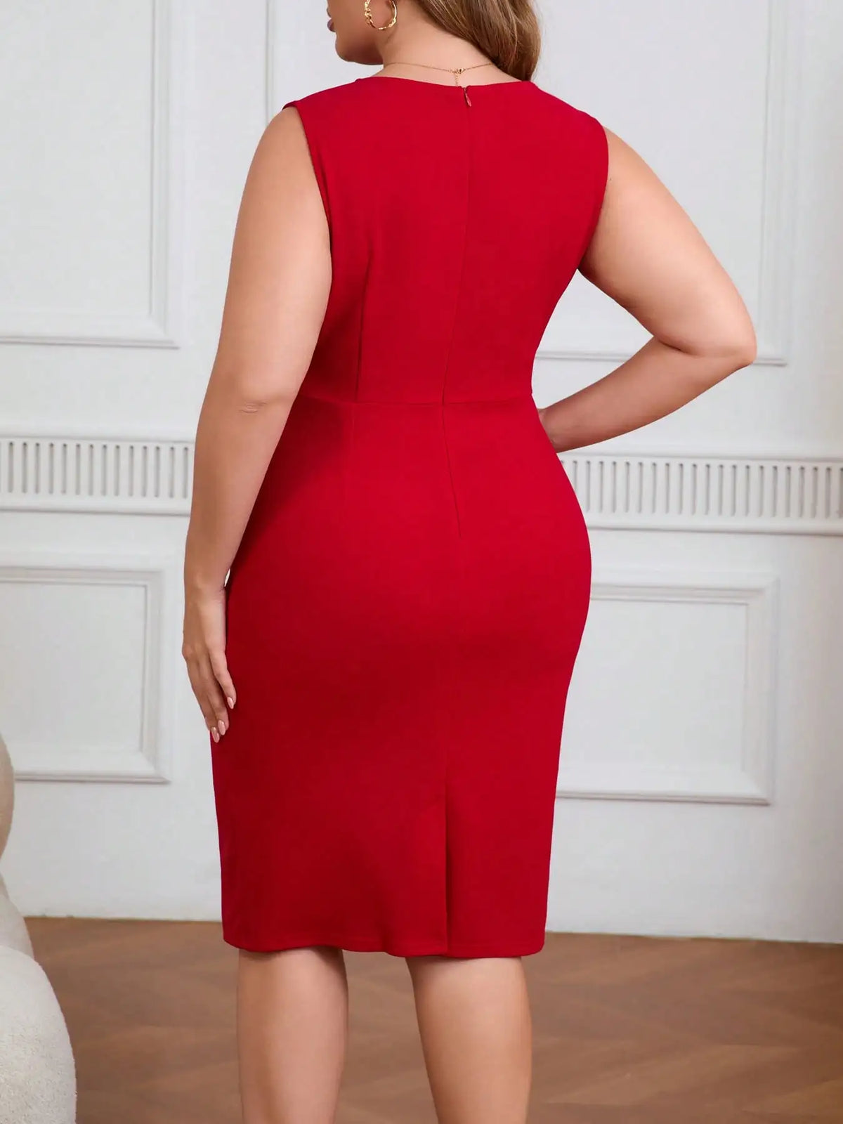 Damen Plus Size Kleid Gerafft Rundhals Ärmellos Einfarbig Bodycon Etui Cocktail Party Kleid S-5XL Kleider
