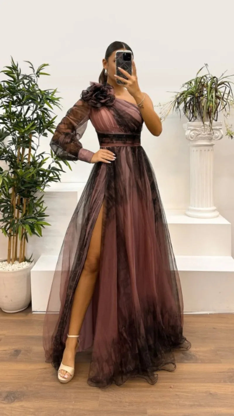 2025 Women Evening Dress Off Shoulder Pleated Long Lantern Sleeve Split Hem Maxi Dress Rhinestone Decor High Waist Party Dresses
