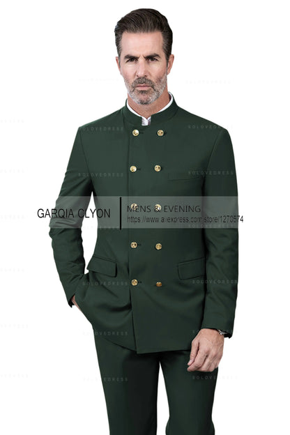 2 Piece Stand Collar Double-Breasted Chinese Style  Men's Suits With 3 Real Pocket Wedding SuitsTailored Fit (Blazer+Pants)